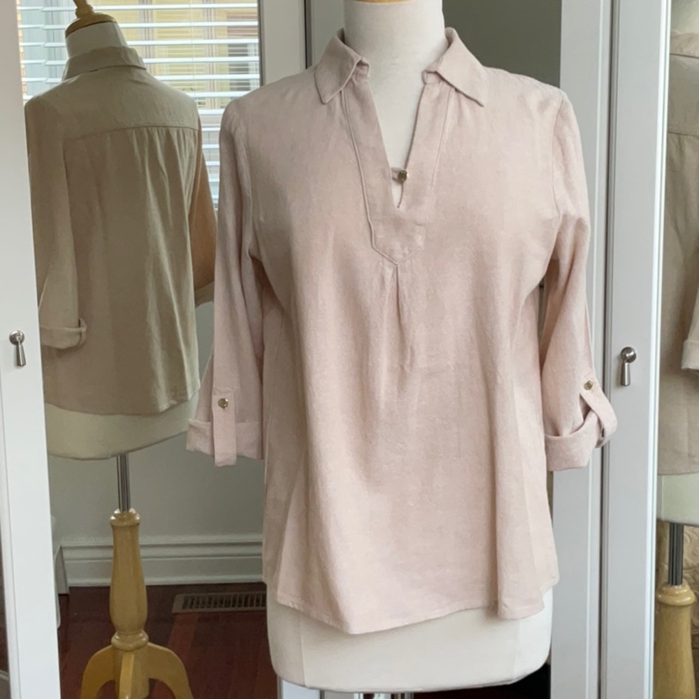 Women's Anne Klein Beige / Sand Button-Detail Collared Top / Size Small